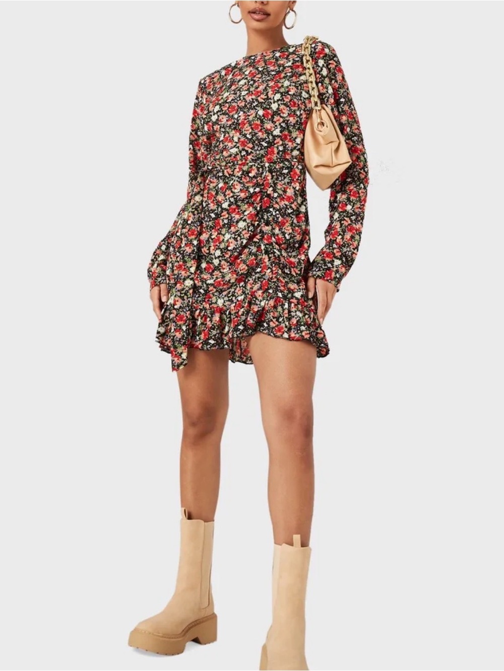Missguided Black Floral Mini Dress with Red & Cream Print